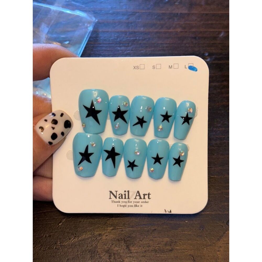 Blue w/ Black Star Press On Nails Size Large